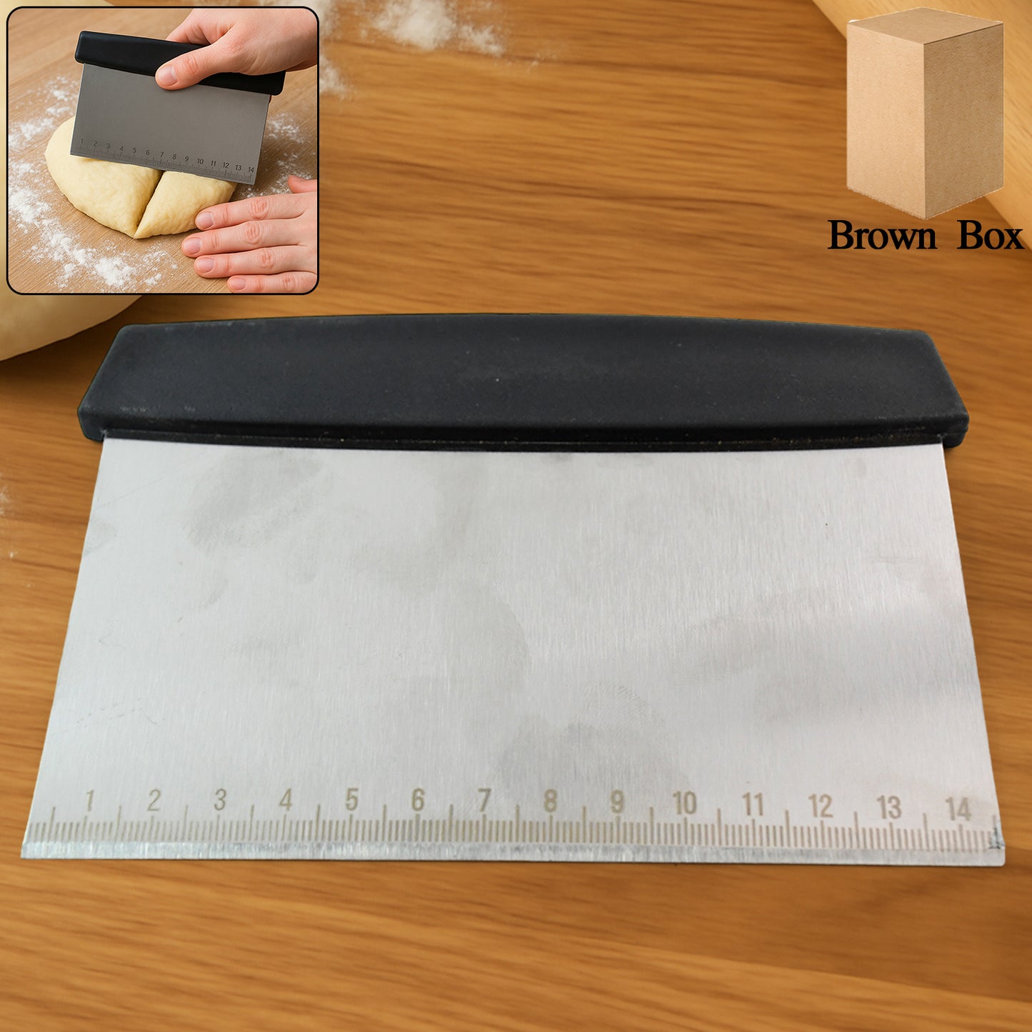 Wukusy premium stainless steel dough scraper for home and kitchen use, with a sturdy handle and wide scraping blade.