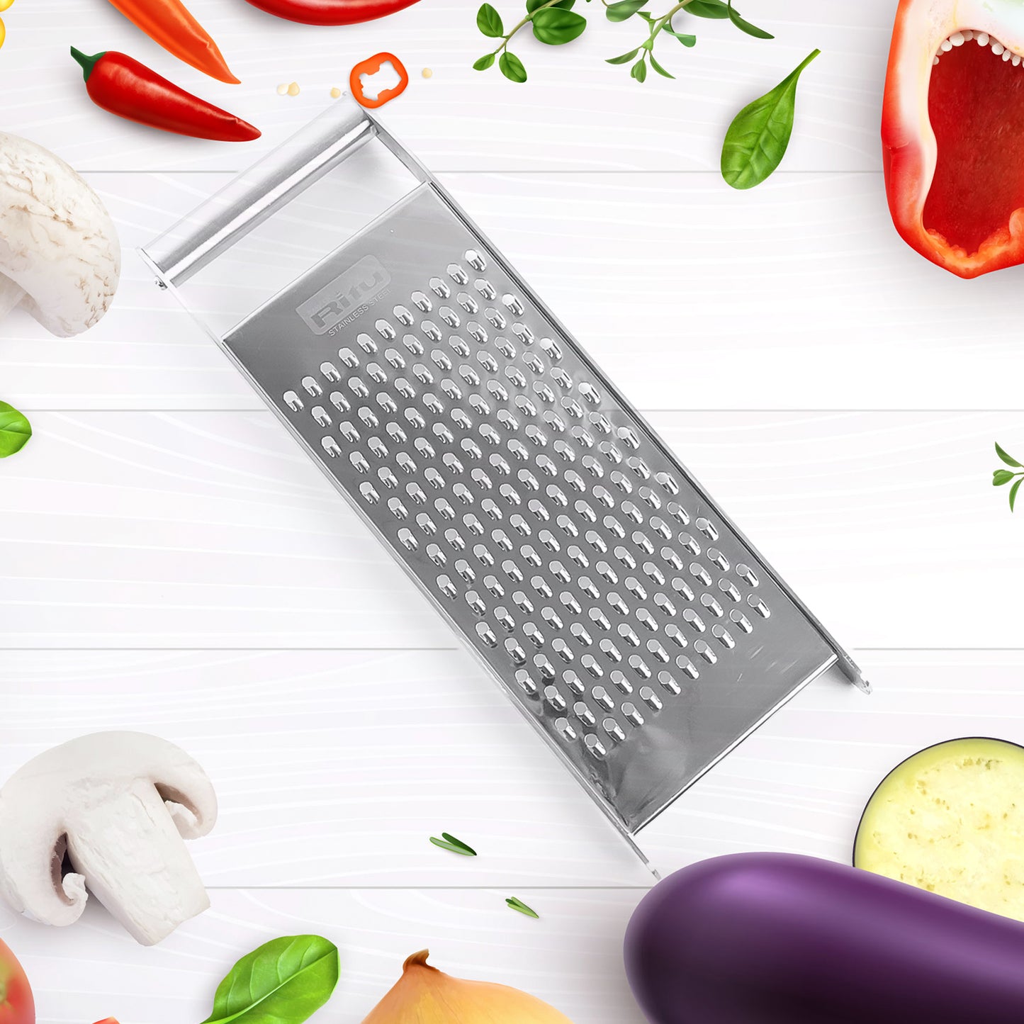 Wukusy Ritu Premium stainless steel handheld grater and slicer for kitchen use, featuring a compact design and ergonomic handle.
