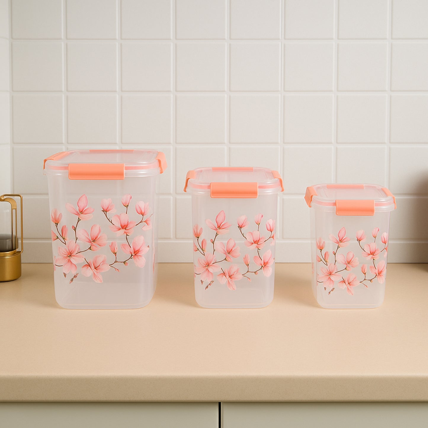 Wukusy square floral printed airtight storage container set with three containers in 2.8L, 4.5L, and 6.9L sizes for kitchen use.