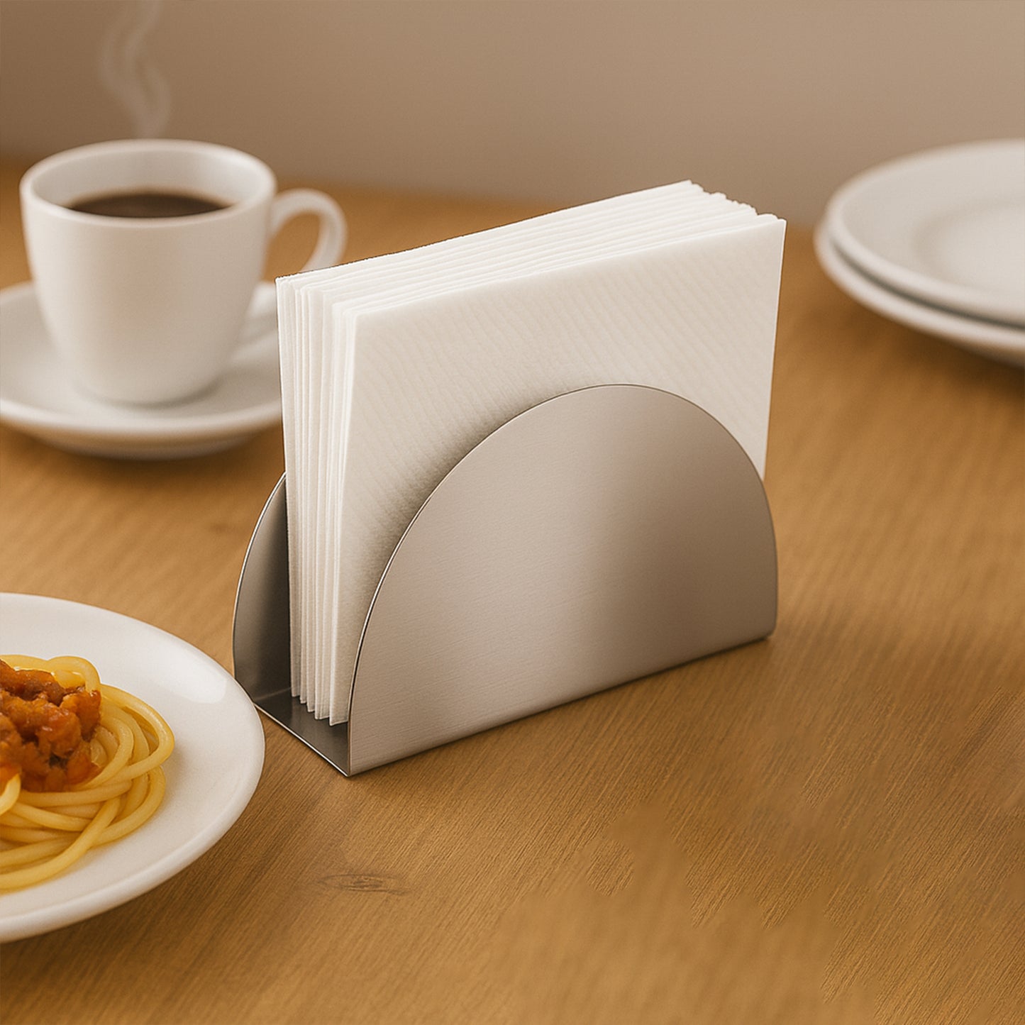 Stainless steel half-moon tissue paper napkin holder stand from Wukusy, designed for home and kitchen use.