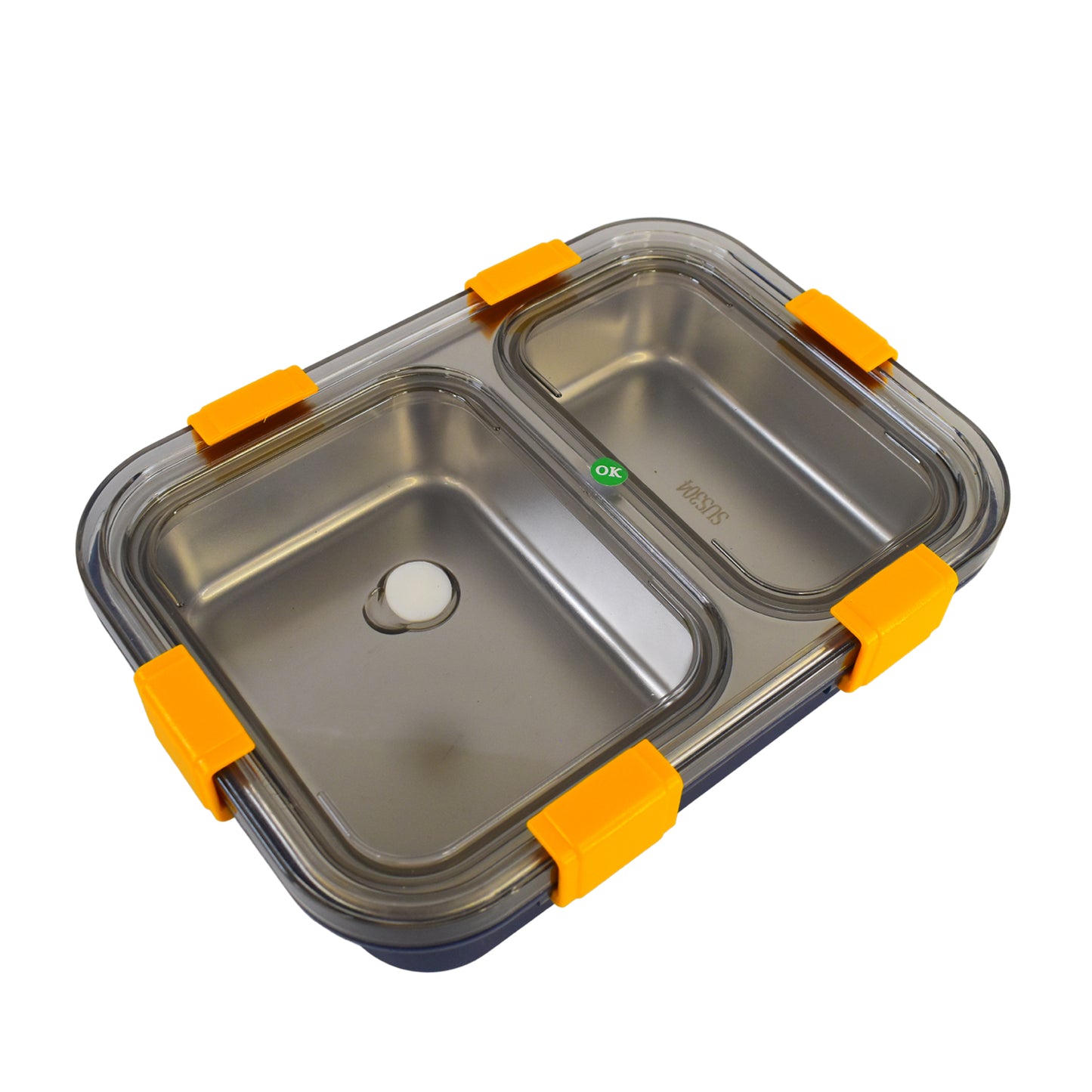 Stainless steel Wukusy lunch box with two compartments and a spoon, ideal for storing meals at home or on the go.