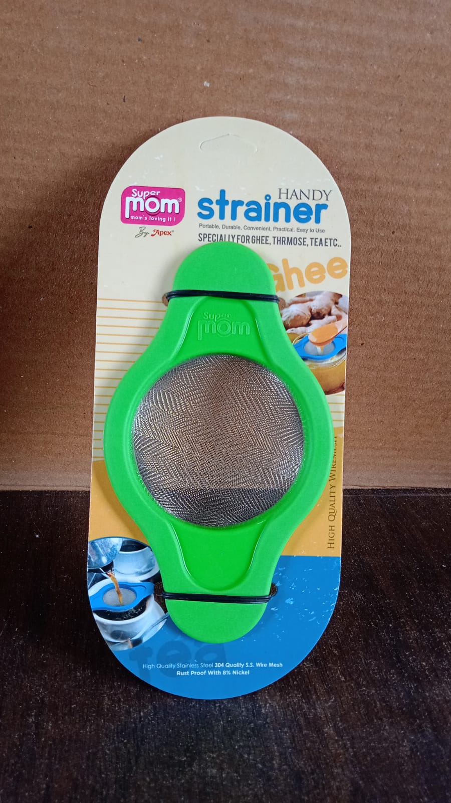 Wukusy stainless steel mesh strainer with dual handle plastic frame, ideal for kitchen straining tasks, 1-piece.