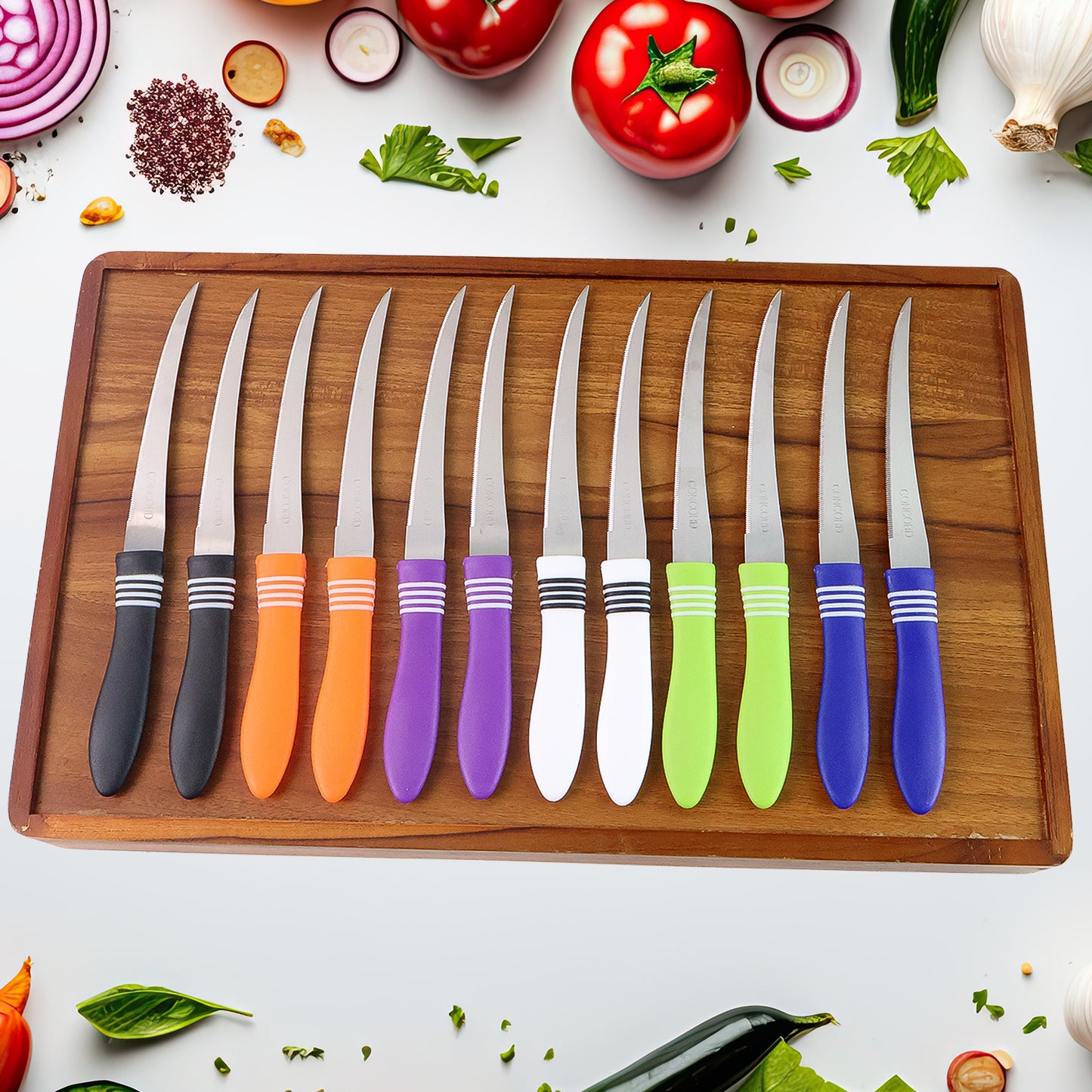 Wukusy 12-piece stainless steel multipurpose serrated knife set with various knives for kitchen use on a white background.