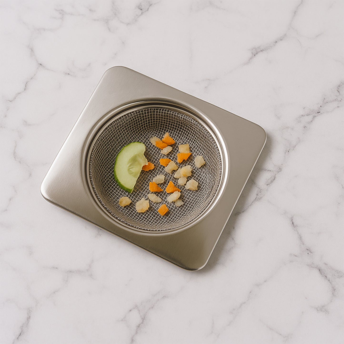 Stainless steel square sink strainer by Wukusy, designed to fit kitchen sinks and catch debris effectively.