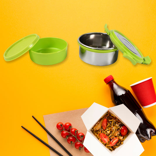 Stainless steel Wukusy Tiffin lunch box with four clip-lock lids, leak-proof, food-grade, portable for office or school use.