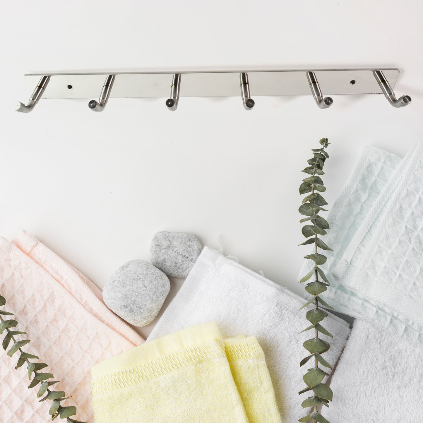 Stainless steel wall-mounted coat rack with 6 hooks, 32x3 inches, ideal for home and kitchen organization by Wukusy