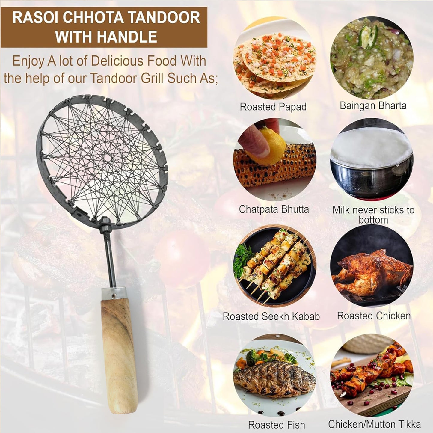 Stainless steel wire skimmer with wooden handle, ideal for kitchen cooking and straining, by Wukusy.