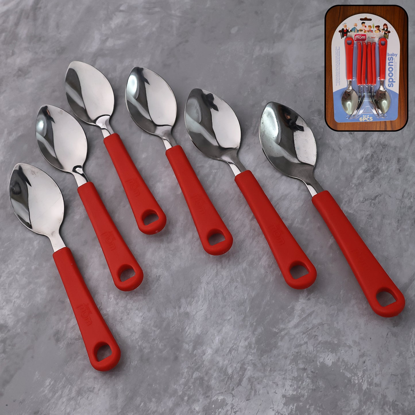 Set of six Wukusy Supermom Baby Feeding Spoons, soft-tipped and child-friendly, ideal for gentle feeding and mealtime.