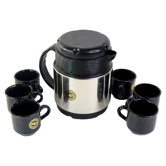 Wukusy tea and coffee thermos flask with six ceramic cups set, perfect for home and kitchen use, on a white background.