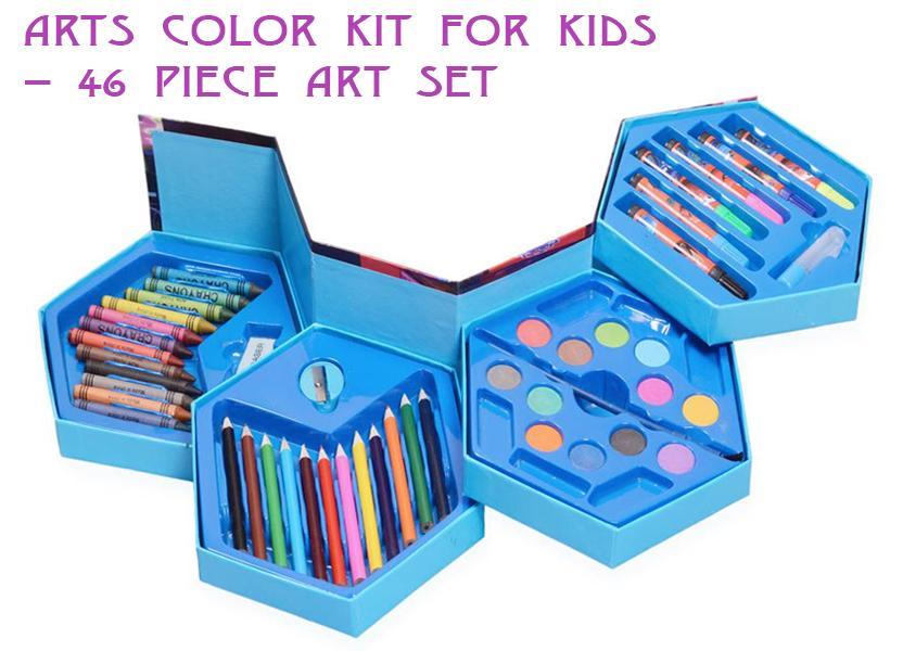 Wukusy kids 859 46-piece plastic art color set with crayons, oil pastels, sketch pens, and color pencils for creative drawing.