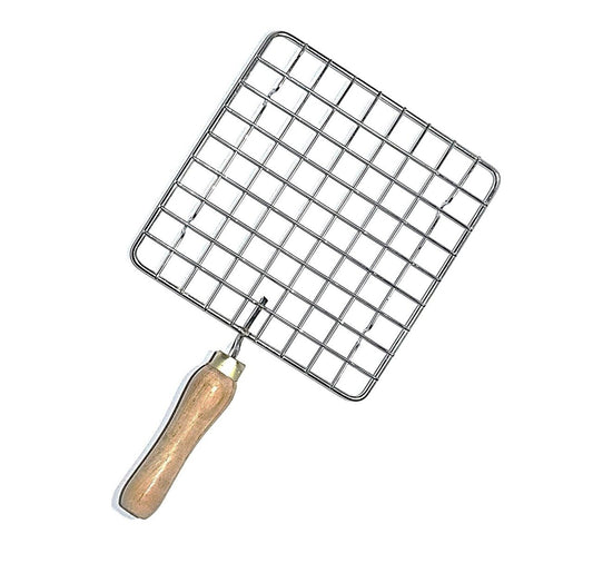 Wukusy stainless steel kitchen square roaster and papad jali barbecue grill with wooden handle on a white background
