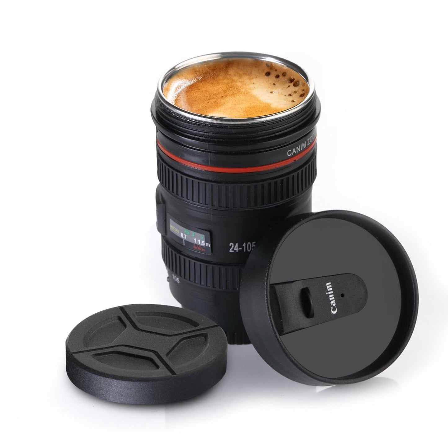 Wukusy plastic camera lens-shaped stainless steel coffee mug, kitchen tool with realistic camera lens design on the surface.