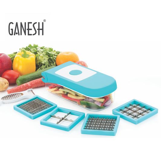 Blue Wukusy Ganesh 7-in-1 plastic vegetable dicer kitchen tool with multiple blades for easy vegetable chopping.