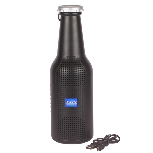 Wukusy bottle-shaped Bluetooth speaker with weatherproof design, deep bass, USB recharge, FM, Aux, SD card support, portable mobile accessory.