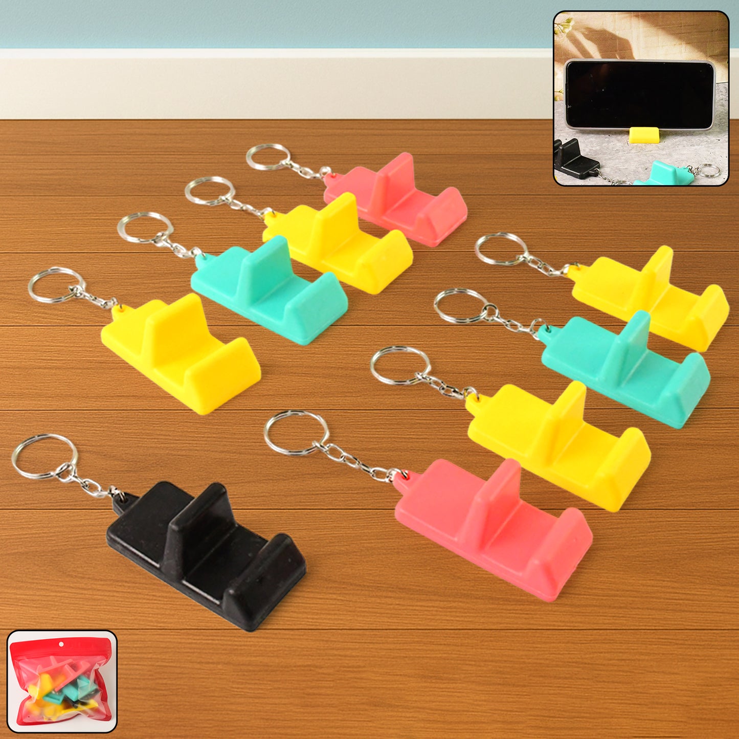 Set of 9 Wukusy plastic 2-in-1 mobile stand keychains, versatile mobile accessories for holding phones or keys.