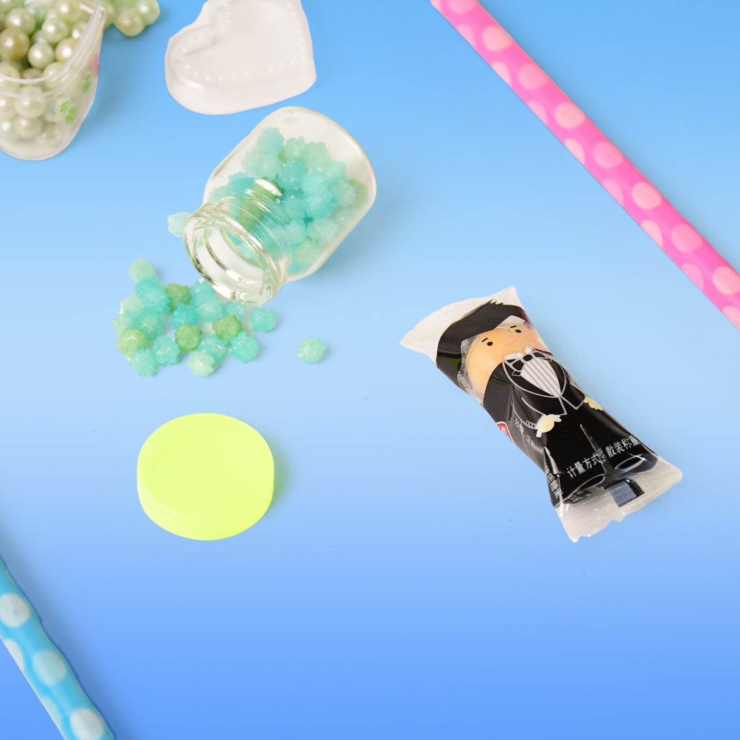 Wukusy fun candy design office pencil set with colorful accessories, including pencils, erasers, and sharpener, on white background.