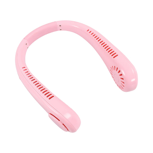 Wukusy portable bladeless neck fan with 360° cooling, hanging design, USB rechargeable, worn around neck for travel and sports.