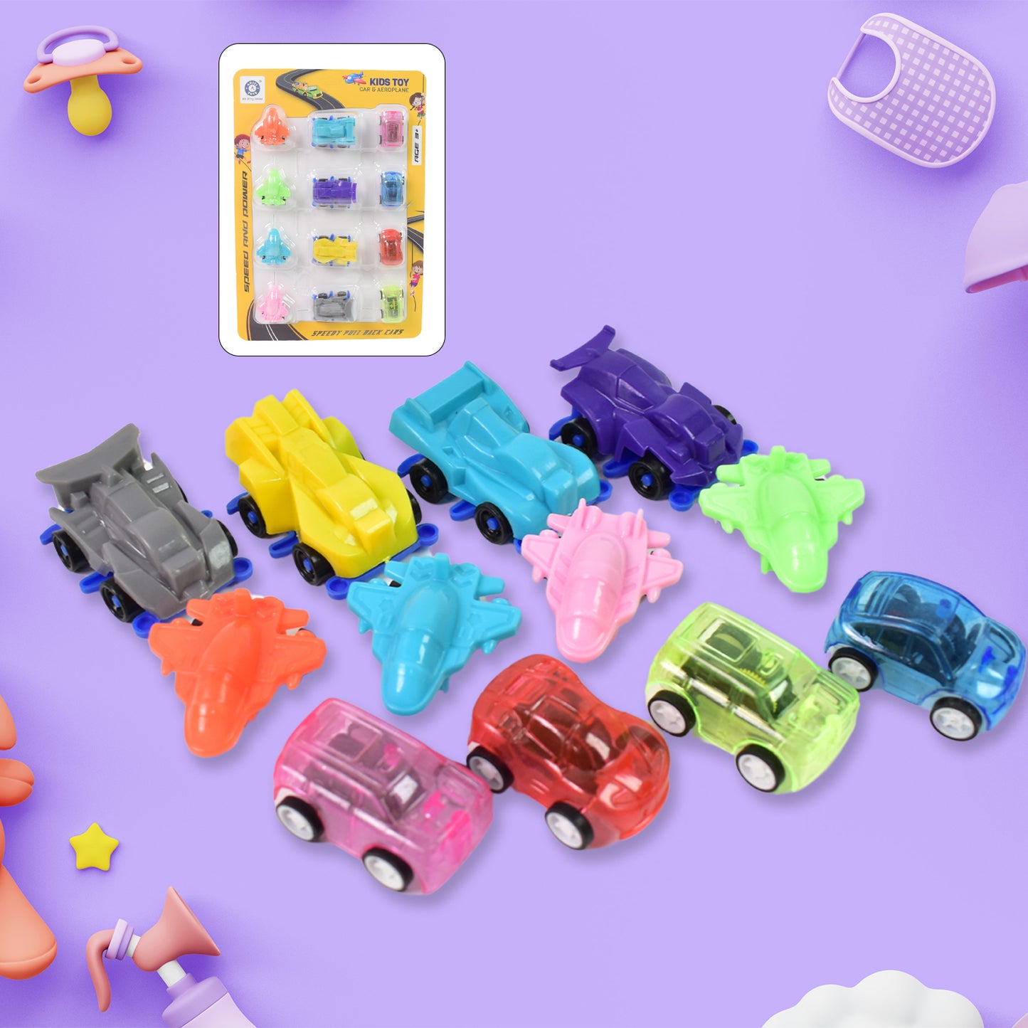 Set of 12 Wukusy plastic mini pull back cars and airplanes, cartoon-style toy vehicles for kids.