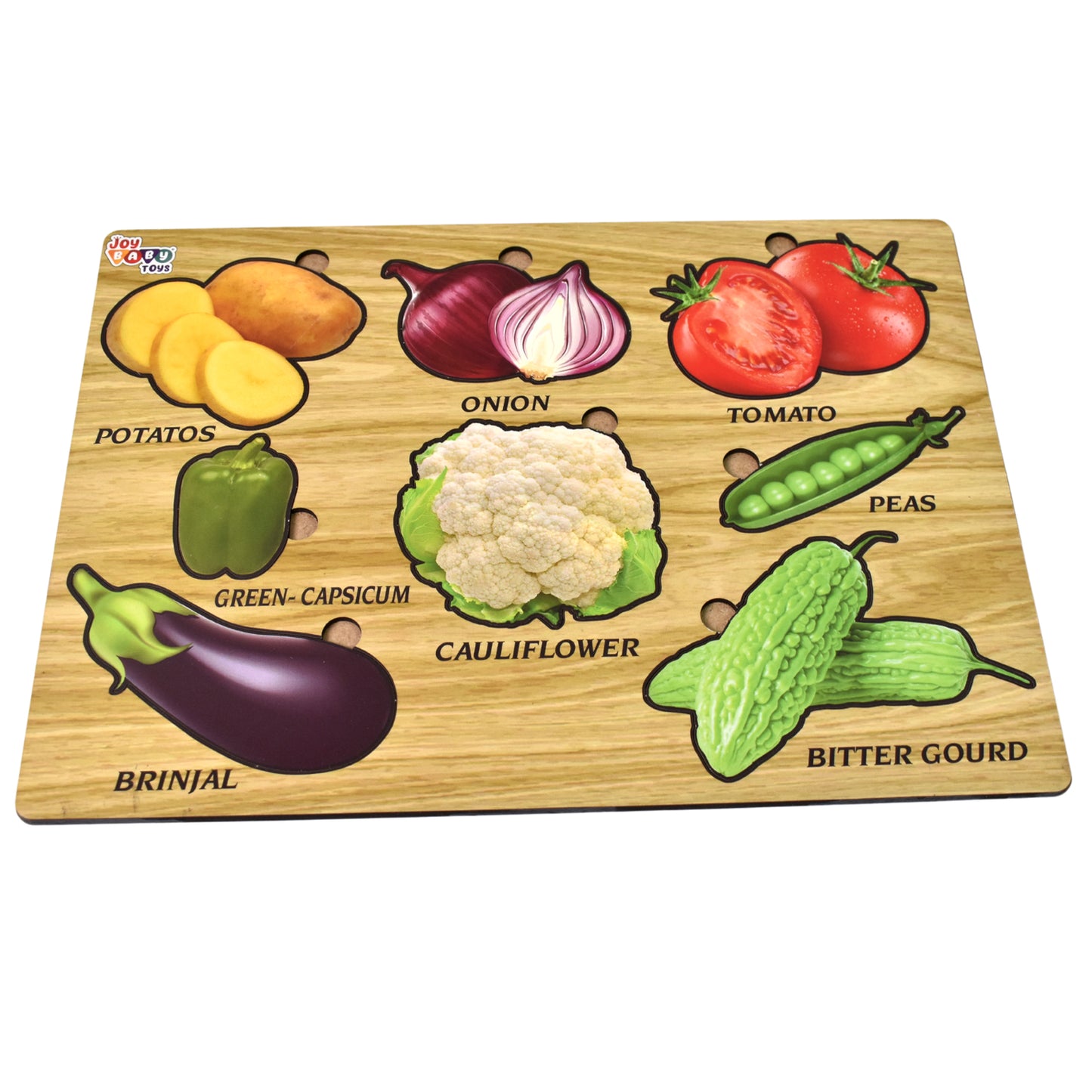 Wooden vegetable puzzle educational board by Wukusy, featuring colorful vegetable pieces for learning and play.