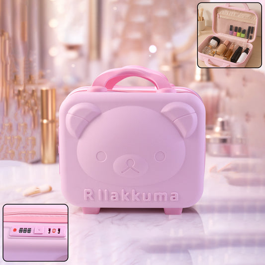 Wukusy bear-shaped hard shell travel carry case with 3-digit number lock and handle, designed for kids' storage and protection.