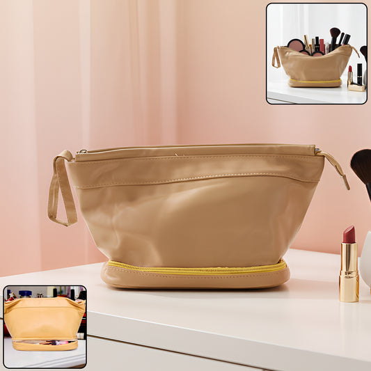 Wukusy spacious travel cosmetic makeup storage bag with multiple compartments for organizing beauty essentials.