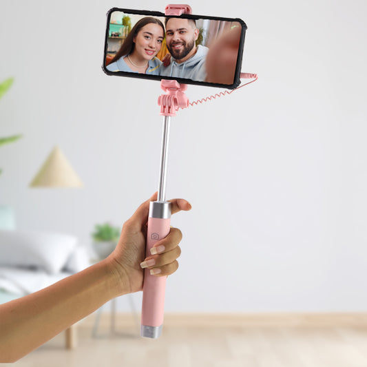 Wukusy travel wired selfie stick with rearview mirror and built-in shutter button, ideal for taking selfies and group photos.