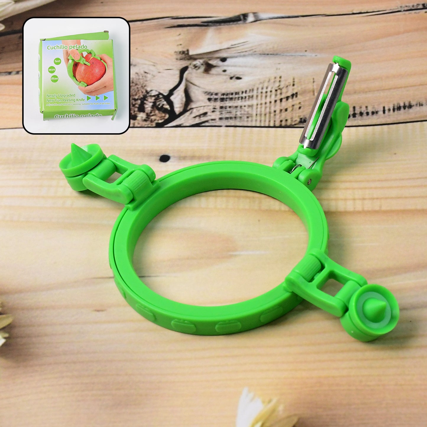 Wukusy adjustable apple peeler cutter with holder ring for easy slicing and peeling apples in the kitchen.