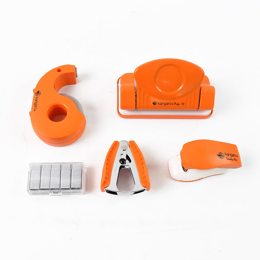 Wukusy Kangaro 5-in-1 stationery gift set including stapler, staples, staple remover, and tape dispenser on a desk