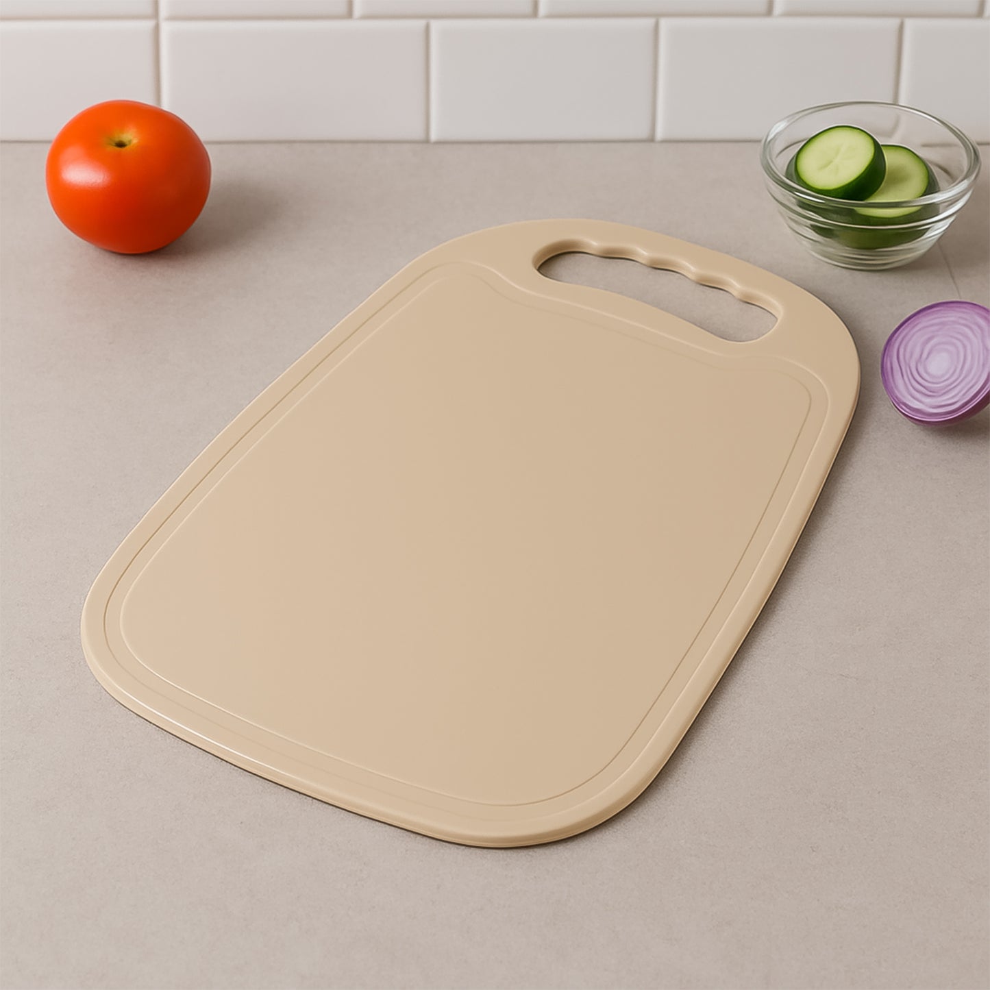 Wukusy durable plastic chopping board 34x23 cm for kitchen use, showing a clean, sturdy surface ideal for food preparation.