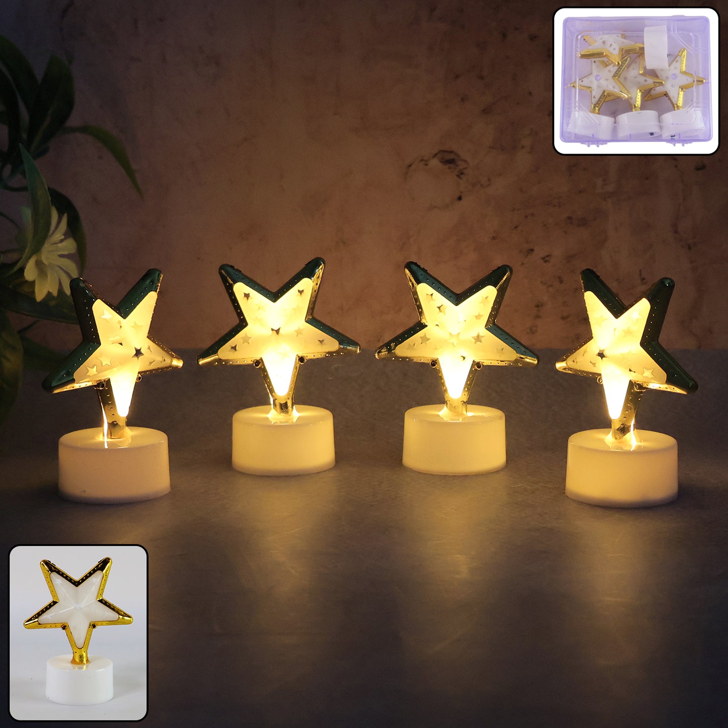 Four star-shaped flameless LED candles for home decor, featuring warm light and decorative glow, by Wukusy.
