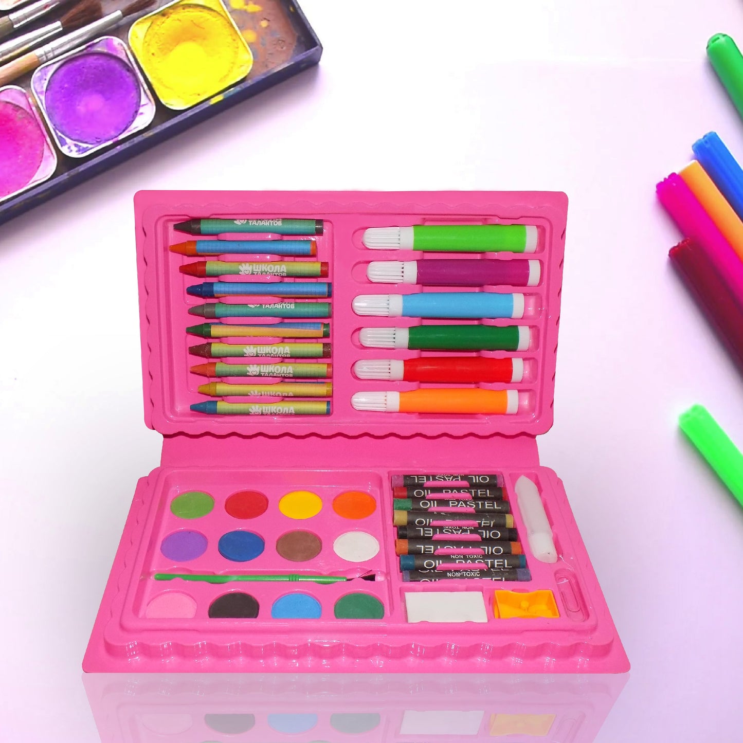 Wukusy 1092 Art and Craft Color Kit with 42 crayons, watercolors, and sketch pens for creative art projects.