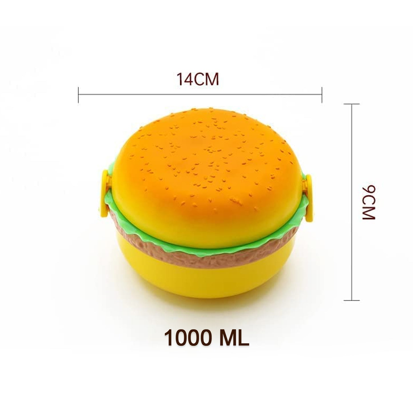 Wukusy burger shape double-layer plastic lunch box with 1000ml capacity, includes 2 spoons, suitable for kids and students.