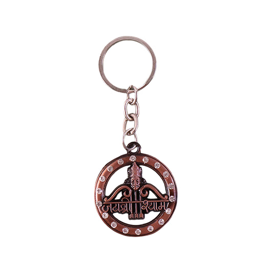Decorative metal Jai Shree Shyam keychain by Wukusy featuring intricate metal craftsmanship and religious symbol design.