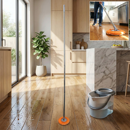 Wukusy multipurpose spin mop set with mop head and bucket for efficient cleaning and easy wringing.