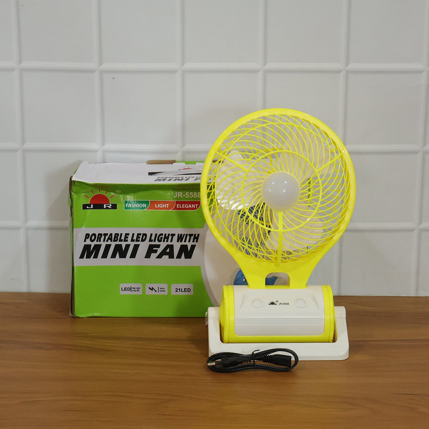 Wukusy portable rechargeable LED light with built-in mini table fan, compact and versatile for outdoor or indoor use