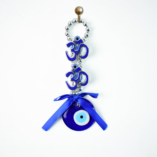 Decorative double Om symbol evil eye hanging ornament by Wukusy, featuring intricate design and vibrant colors for spiritual decor.
