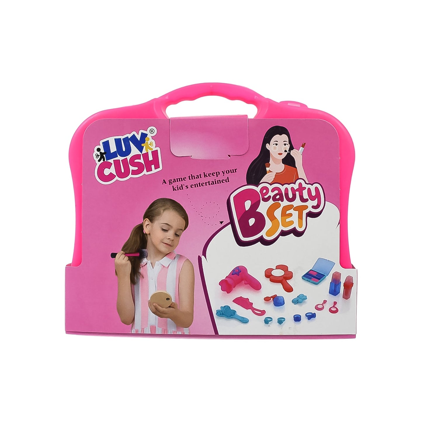 Wukusy Briefcase Beauty Toy Set with approximately 22 colorful pretend makeup and accessories for kids playing beauty salon.