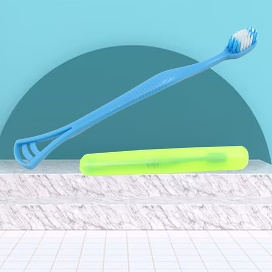 Wukusy 2-in-1 soft toothbrush and tongue cleaner with plastic cover and holder, suitable for men, women, kids, and adults.