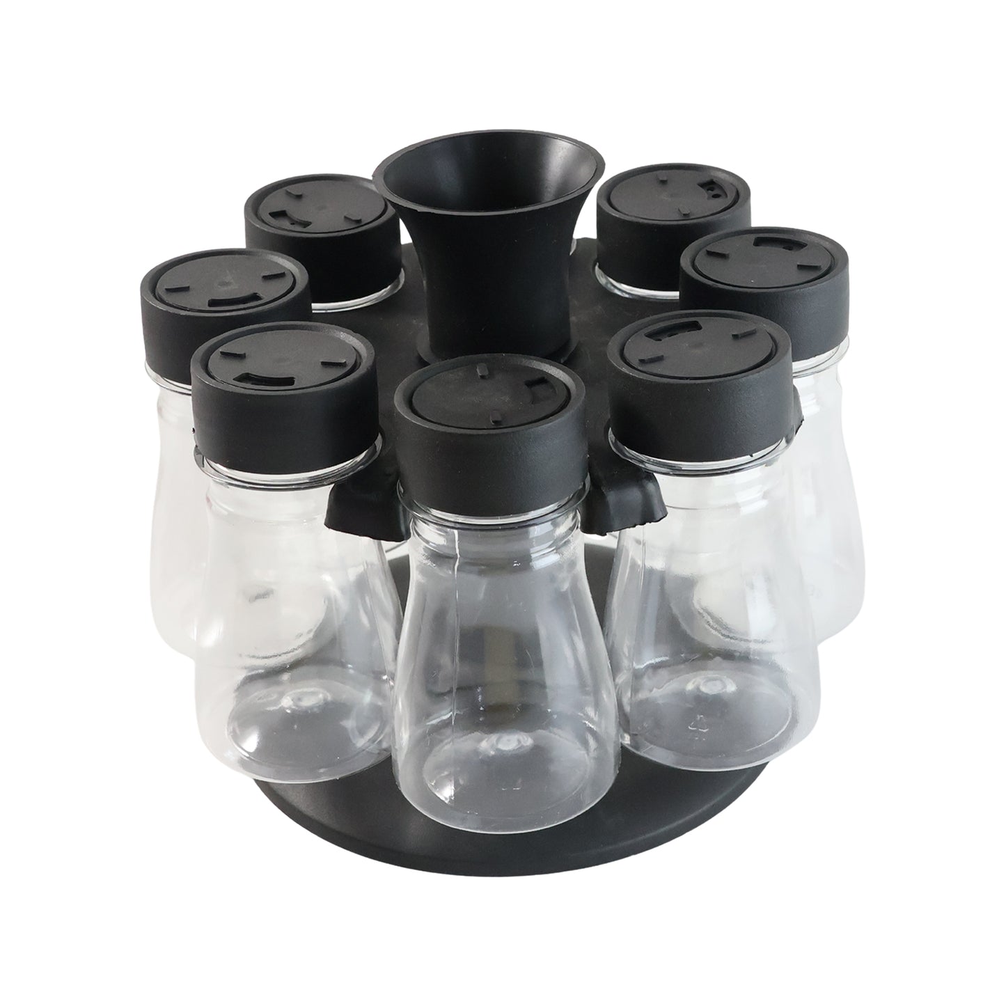 Wukusy 8-in-1 revolving plastic spice rack set with rotating stand, showing multiple spice jars arranged on the stand.
