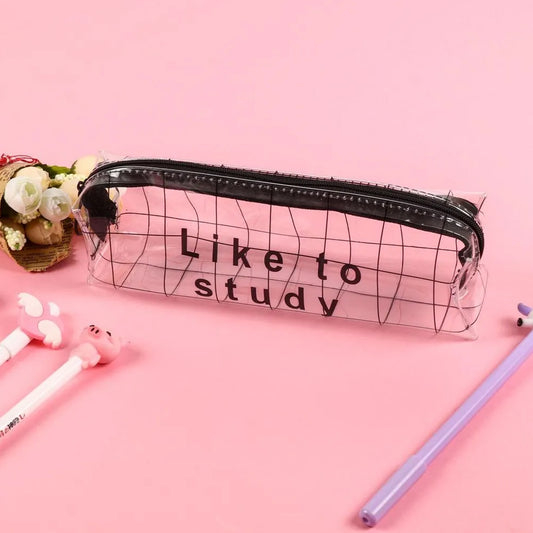 Transparent plastic pencil pouch with zipper, Wukusy office accessory, showing a clear view of the pouch's interior and zipper closure.