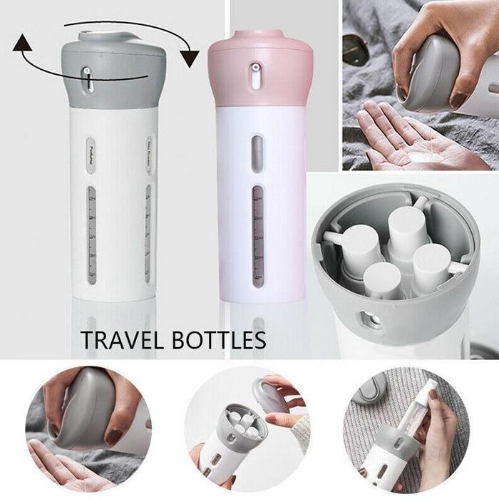 Wukusy 4-in-1 travel dispenser bottle set with refillable cosmetic containers for toiletries and liquids.