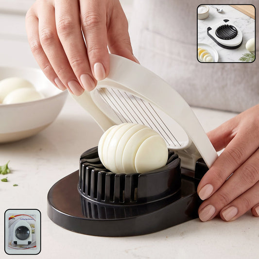 Wukusy stainless steel egg cutter slicer with wire blades for neatly slicing boiled eggs, compact kitchen tool on white background.