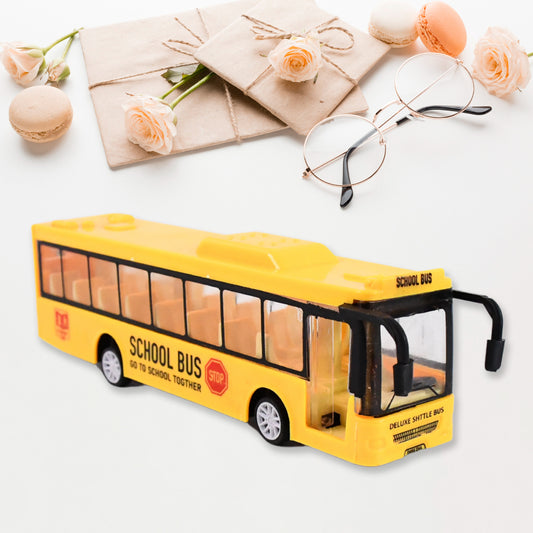 Yellow mini bus toy by Wukusy with detailed design, perfect for collection or as a gift, resembling a high simulation bus model.