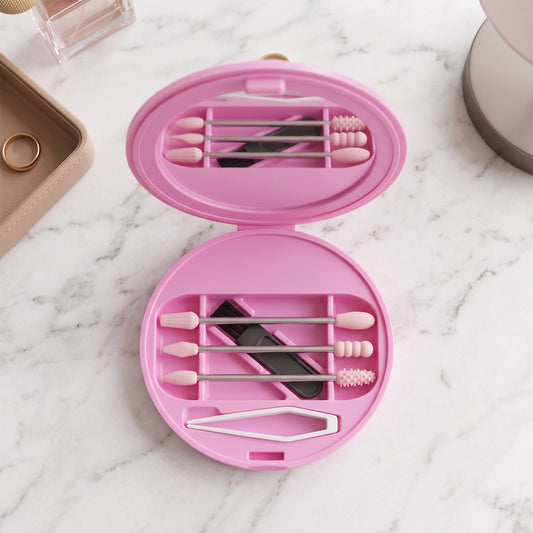 Wukusy reusable silicone cotton swab set with mirror case and washable ear buds, shown with silicone tips and compact case.