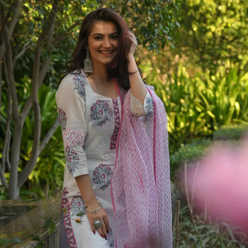 Women’s white printed cotton kurta and pant set by Default Vendor, featuring a comfortable and stylish traditional Indian attire.