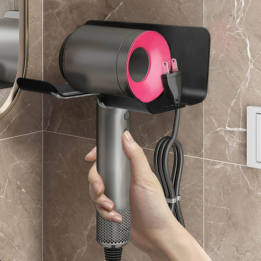 Wukusy wall-mounted plastic hair dryer holder with space for blow dryer and hair tools, ideal for bathroom or bedroom organization