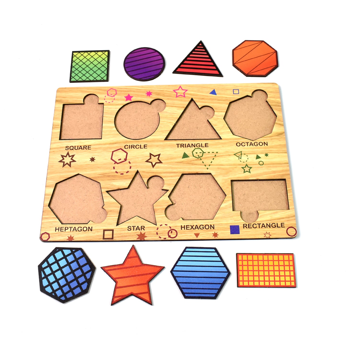 Wooden triangles puzzle toy by Wukusy, educational learning board with colorful geometric shapes for children.
