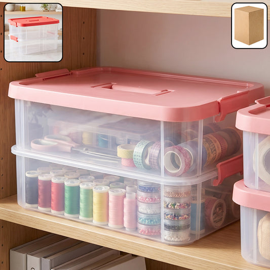 Transparent plastic storage box with lid, 2-tier stackable organizer by Wukusy, ideal for organizing household or office items.