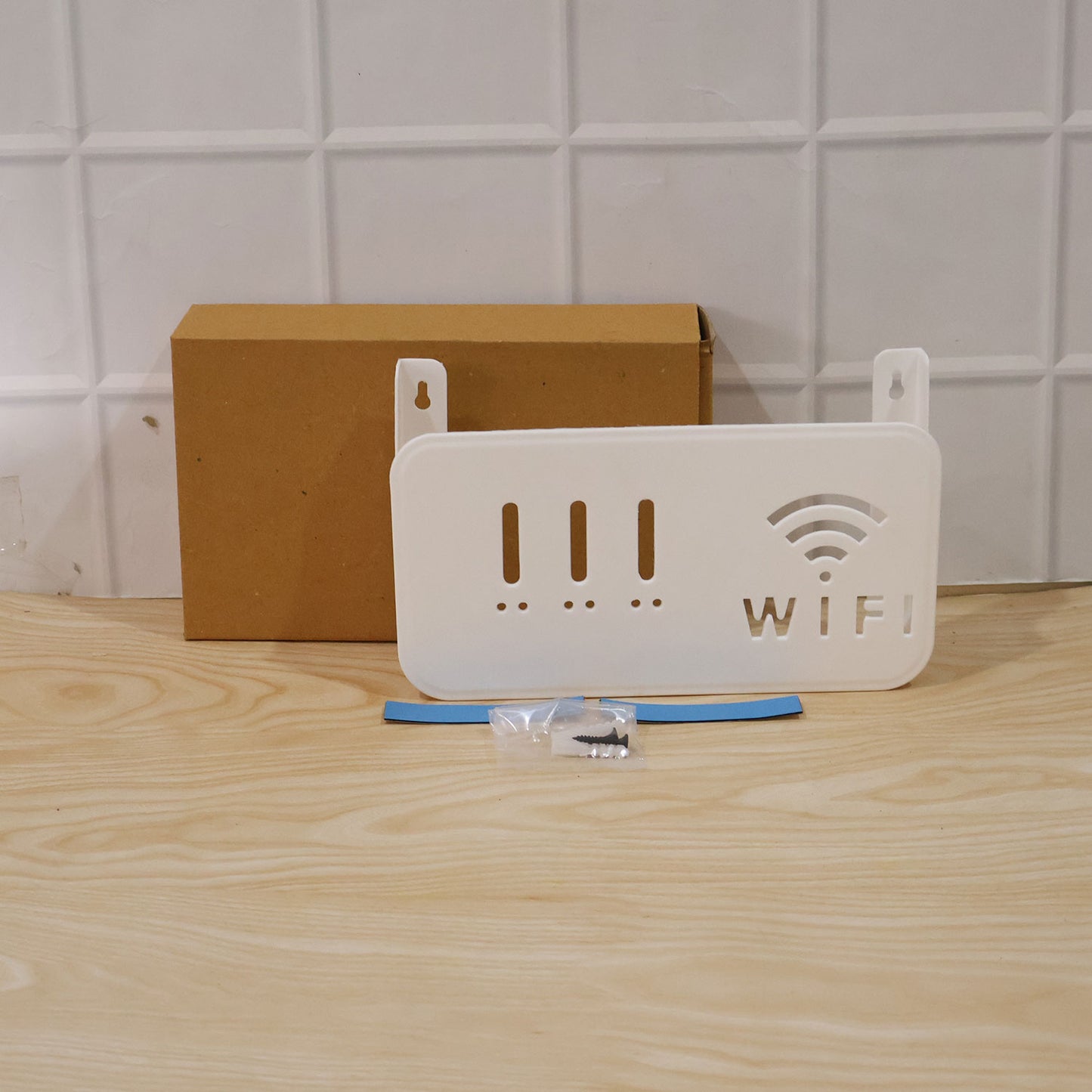 Wukusy wall mount WiFi router holder and storage box with screws, designed to organize and secure router and cables.