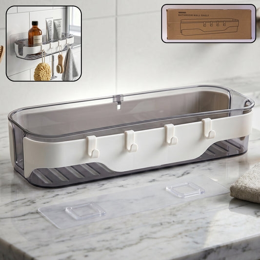 Wukusy stylish bathroom wall shelf with hooks, multi-purpose storage organizer for bathroom or home use, mounted on a wall.